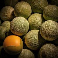 Realistic photo of a bunch of cantaloupe. top view fruit scenery.