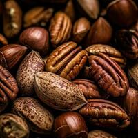 Realistic photo of a bunch of pecans. top view nuts scenery. AI Generated