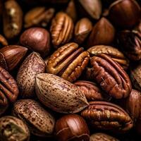 Realistic photo of a bunch of pecans. top view nuts scenery.