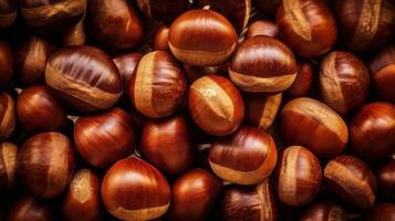 Realistic photo of a bunch of chestnuts. top view nuts scenery.