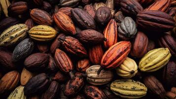 Realistic photo of a bunch of cacao. top view fruit scenery. AI Generated