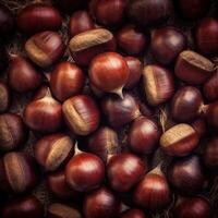 Realistic photo of a bunch of chestnuts. top view nuts scenery.