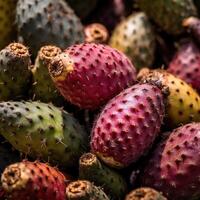 Realistic photo of a bunch of prickly pears. top view fruit scenery.