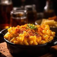 Realistic photo of Mac and Cheese. Close-Up Food Photography. AI Generated