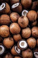 Realistic photo of a bunch of coconuts. top view fruit scenery.