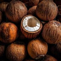 Realistic photo of a bunch of coconuts. top view fruit scenery.