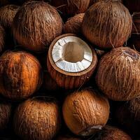 Realistic photo of a bunch of coconuts. top view fruit scenery. AI Generated