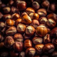 Realistic photo of a bunch of hazelnuts. top view nuts scenery.