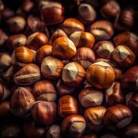 Realistic photo of a bunch of hazelnuts. top view nuts scenery. AI Generated