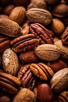 Realistic photo of a bunch of pecans. top view nuts scenery.