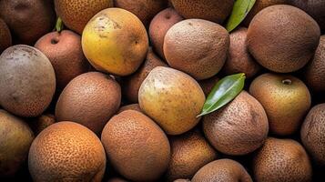 Realistic photo of a bunch of sapodillas. top view fruit scenery.