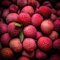 Realistic photo of a bunch of lychees. top view fruit scenery.