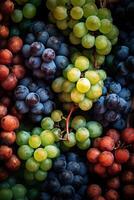 realista foto de diferente tipo de uvas. parte superior ver Fruta escenario. ai generado