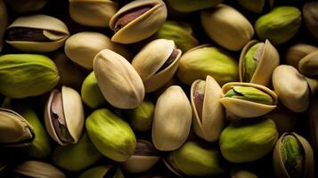 Realistic photo of a bunch of pistachios. top view nuts scenery. AI Generated