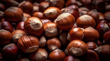 Realistic photo of a bunch of hazelnuts. top view nuts scenery.