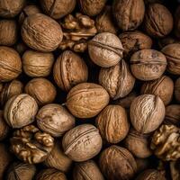 Realistic photo of a bunch of walnuts. top view nuts scenery. AI Generated