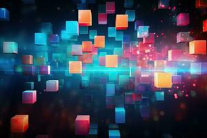Abstract background with glowing cubes. Abstract background with colorful lights and squares, AI Generated photo