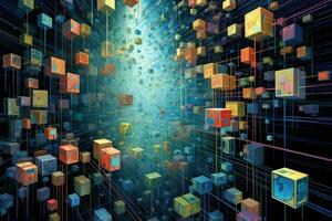abstract 3d illustration of technology background with cube and light effects, abstract cuboid representation of fourth dimension space, neural network generated art,  AI Generated photo