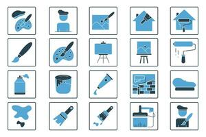 Painting set icon. Contains icons paint brush, canvas, painter, paint tubes, etc. Solid icon style. Simple vector design editable