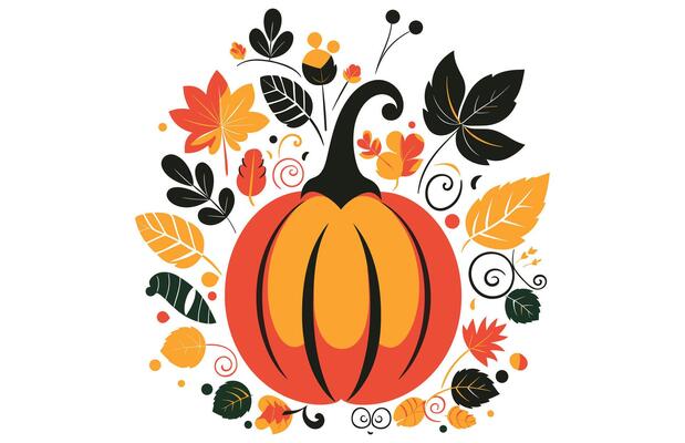 Colorful Cute Pumpkin vector illustration, Thanksgiving Pumpkin and fall leaves flat vector