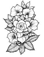 Colorbook flowers black and white on transparent background, generative ai png