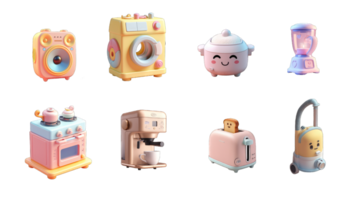 Set of cute cartoon household appliances isolated on transparent background. Vector illustration, generative ai png