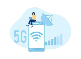 Vector 5G wifi network and female character concept flat illustration