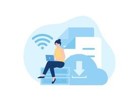 A woman inputs data into cloud storage concept flat illustration vector