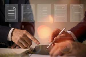Document data system Report HR technology Concept Businessman Manager checking white documents reports papers of files icon in modern office, two businessman discussing on data report feedback photo