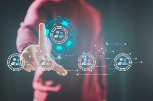 customer service, social media. digital marketing CRM concept Customer Relationship Management, Businessman touch icon with global structure customer network technology, Data exchanges development photo