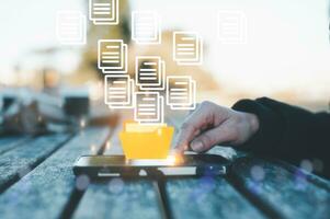 Document data system Report HR technology Concept, Businessman Manager typing on smartphone checking white documents reports papers of files icon in modern office, paperless documents photo
