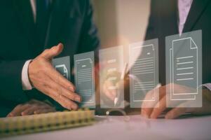 Document data system Report HR technology Concept Businessman Manager checking white documents reports papers of files icon in modern office, two businessman discussing on data report feedback photo