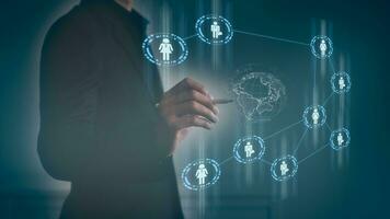 customer service, social media. digital marketing CRM concept Customer Relationship Management, Businessman touch icon with global structure customer network technology, Data exchanges development photo