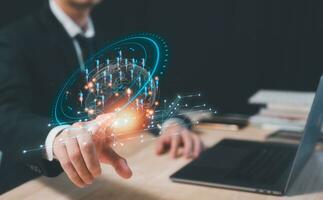 customer service, social media. digital marketing CRM concept Customer Relationship Management, Businessman touch icon with global structure customer network technology, Data exchanges development photo