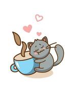 Cute cat hugging coffee mug. Cute sticker with cat. Vector. vector