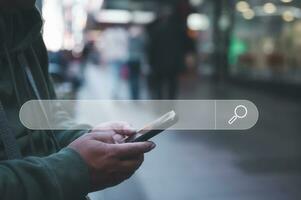 Searching Engine Browsing Internet Data Information Networking Concept,Business man clicking internet search page on smartphone, copy space photo