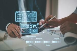project management, businessman and contractor discussion on data or project plans and workflow, architecture or engineer meeting with businessman photo