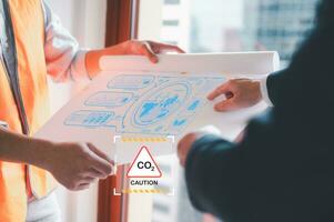 Reduce CO2 emission concept.Sustainable development and green business based on renewable energy. save earth stop climate change and global warming.team meeting, earth day, business and environment photo