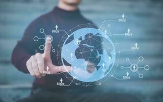 customer service, social media. digital marketing CRM concept Customer Relationship Management, Businessman touch icon with global structure customer network technology, Data exchanges development photo