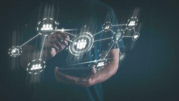 customer service, social media. digital marketing CRM concept Customer Relationship Management, Businessman touch icon with global structure customer network technology, Data exchanges development photo
