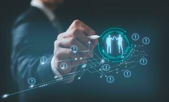 customer service, social media. digital marketing CRM concept Customer Relationship Management, Businessman touch icon with global structure customer network technology, Data exchanges development photo