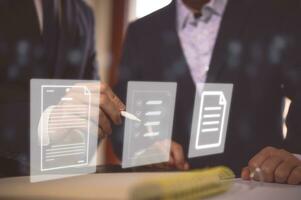 Document data system Report HR technology Concept Businessman Manager checking white documents reports papers of files icon in modern office, two businessman discussing on data report feedback photo
