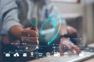 scam safe Fingerprint scanning and biometric authentication, processing of biometric for access personal data. surveillance and security scanning of digital programs cyber futuristic applications photo