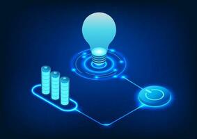 Battery technology releases energy by connecting to the power switch and connecting to the lamp. The energy concept drives the development of technology forward. vector