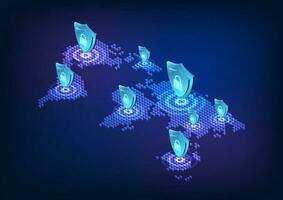 World map mixed with technology The pixelated world map above features a shield and a lock representing modern global technology that protects data from being stolen or lost. vector