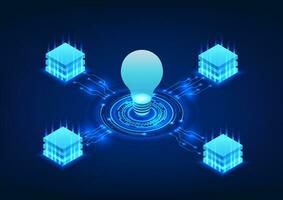 Light bulb technology with a light bulb in the middle that is connected to the server conveys the use of technology to help find ideas and solve problems through the internet network vector