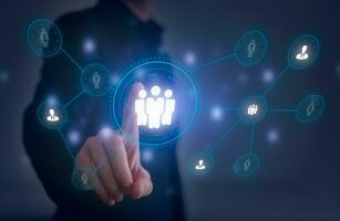 customer service, social media. digital marketing CRM concept Customer Relationship Management, Businessman touch icon with global structure customer network technology, Data exchanges development photo