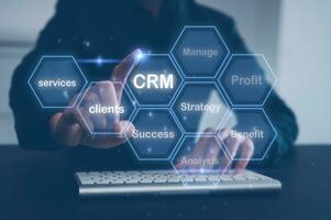 customer service, social media. digital marketing CRM concept Customer Relationship Management, Businessman touch icon with global structure customer network technology, Data exchanges development photo