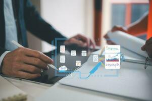 project management, businessman and contractor discussion on data or project plans and workflow, architecture or engineer meeting with businessman photo
