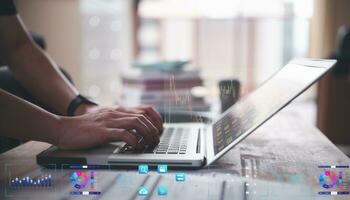 businessman typing on keyboard with virtual document data chart in Document data system Report HR technology Concept, data analysis, research and development, stock market financial investment plan photo